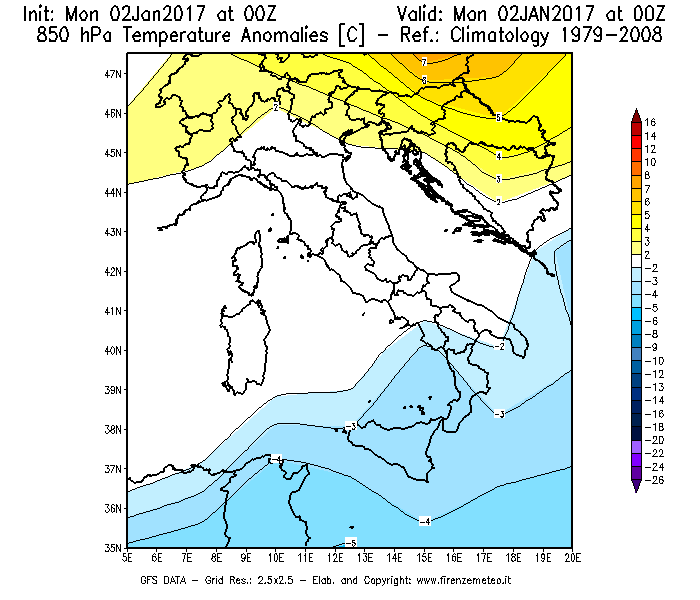 Mappa di analisi GFS - Anomalia Temperatura [°C] a 850 hPa in Italia
									del 02/01/2017 00 <!--googleoff: index-->UTC<!--googleon: index-->