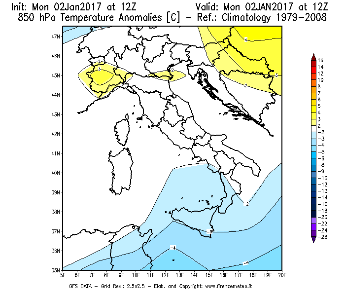 Mappa di analisi GFS - Anomalia Temperatura [°C] a 850 hPa in Italia
							del 02/01/2017 12 <!--googleoff: index-->UTC<!--googleon: index-->