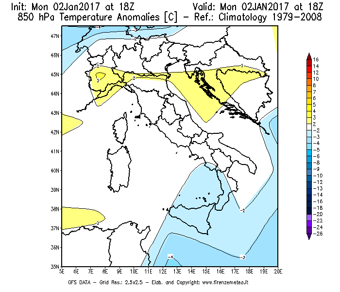 Mappa di analisi GFS - Anomalia Temperatura [°C] a 850 hPa in Italia
									del 02/01/2017 18 <!--googleoff: index-->UTC<!--googleon: index-->