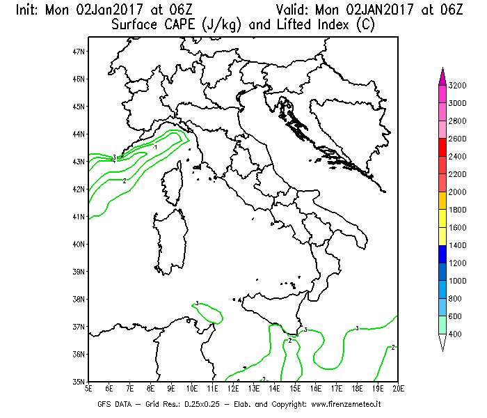 Mappa di analisi GFS - CAPE [J/kg] e Lifted Index [°C] in Italia
							del 02/01/2017 06 <!--googleoff: index-->UTC<!--googleon: index-->