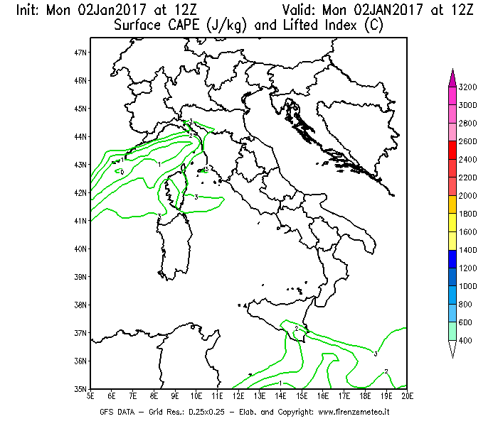 Mappa di analisi GFS - CAPE [J/kg] e Lifted Index [°C] in Italia
							del 02/01/2017 12 <!--googleoff: index-->UTC<!--googleon: index-->