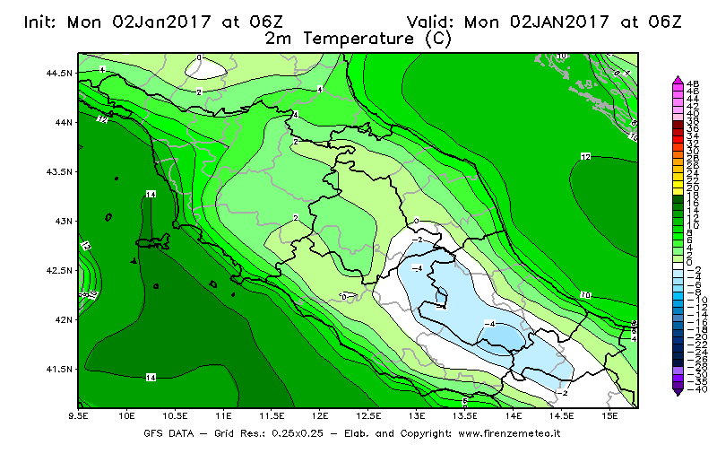 Mappa di analisi GFS - Temperatura a 2 metri dal suolo [°C] in Centro-Italia
									del 02/01/2017 06 <!--googleoff: index-->UTC<!--googleon: index-->