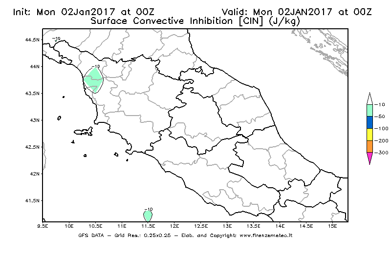 Mappa di analisi GFS - CIN [J/kg] in Centro-Italia
									del 02/01/2017 00 <!--googleoff: index-->UTC<!--googleon: index-->