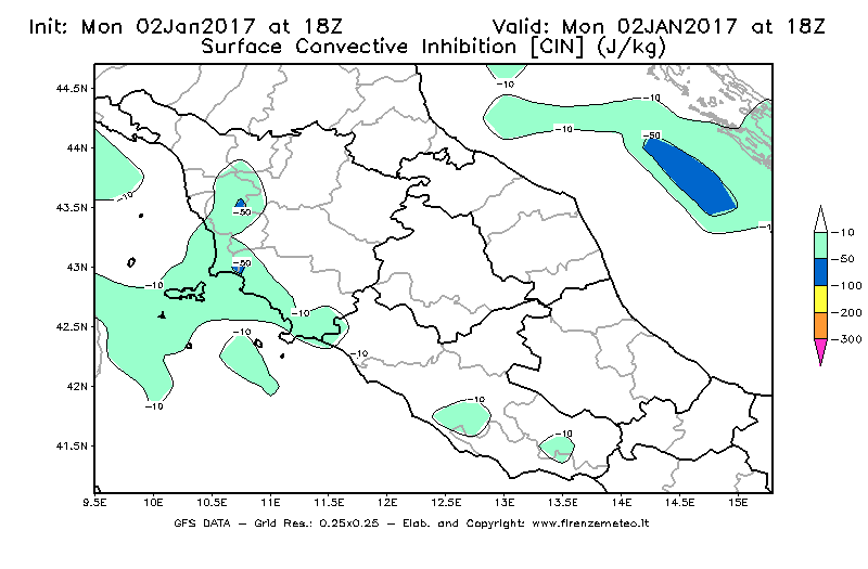 Mappa di analisi GFS - CIN [J/kg] in Centro-Italia
									del 02/01/2017 18 <!--googleoff: index-->UTC<!--googleon: index-->
