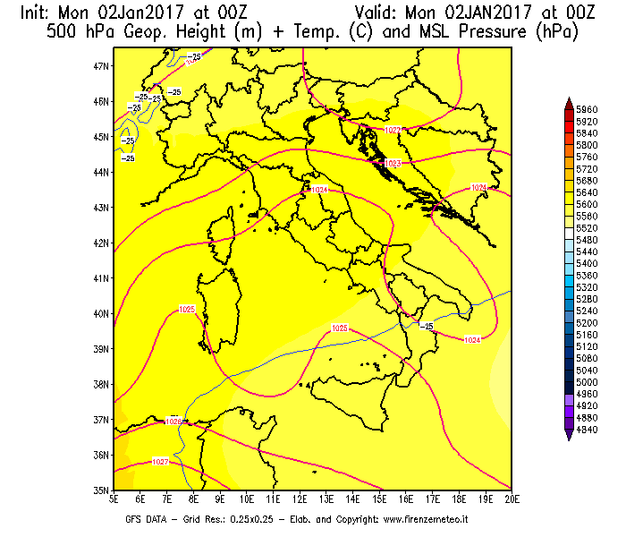 Mappa di analisi GFS - Geopotenziale [m] + Temp. [°C] a 500 hPa + Press. a livello del mare [hPa] in Italia
							del 02/01/2017 00 <!--googleoff: index-->UTC<!--googleon: index-->