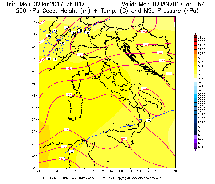 Mappa di analisi GFS - Geopotenziale [m] + Temp. [°C] a 500 hPa + Press. a livello del mare [hPa] in Italia
							del 02/01/2017 06 <!--googleoff: index-->UTC<!--googleon: index-->