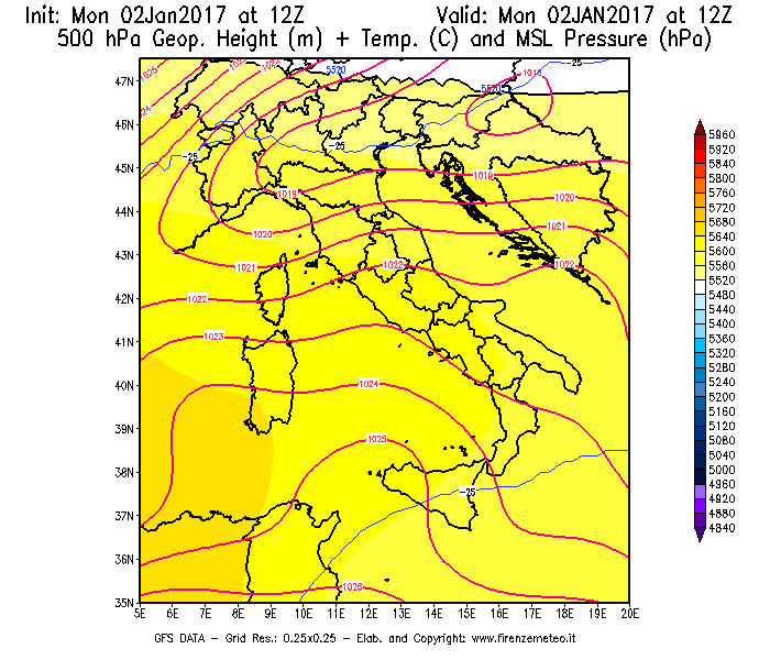 Mappa di analisi GFS - Geopotenziale [m] + Temp. [°C] a 500 hPa + Press. a livello del mare [hPa] in Italia
									del 02/01/2017 12 <!--googleoff: index-->UTC<!--googleon: index-->