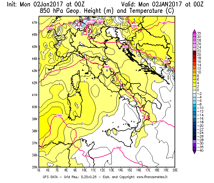 Mappa di analisi GFS - Geopotenziale [m] e Temperatura [°C] a 850 hPa in Italia
									del 02/01/2017 00 <!--googleoff: index-->UTC<!--googleon: index-->