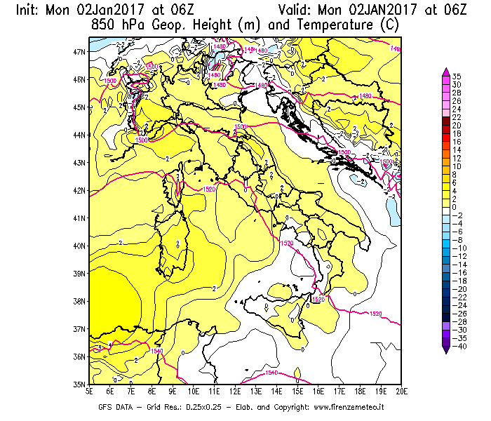 Mappa di analisi GFS - Geopotenziale [m] e Temperatura [°C] a 850 hPa in Italia
									del 02/01/2017 06 <!--googleoff: index-->UTC<!--googleon: index-->