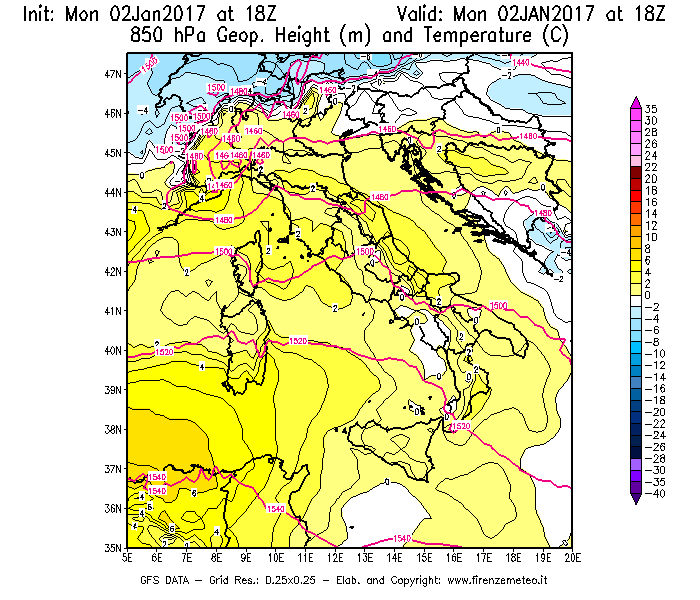 Mappa di analisi GFS - Geopotenziale [m] e Temperatura [°C] a 850 hPa in Italia
							del 02/01/2017 18 <!--googleoff: index-->UTC<!--googleon: index-->