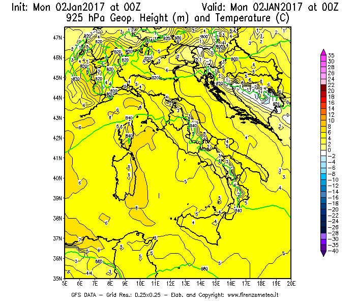 Mappa di analisi GFS - Geopotenziale [m] e Temperatura [°C] a 925 hPa in Italia
							del 02/01/2017 00 <!--googleoff: index-->UTC<!--googleon: index-->