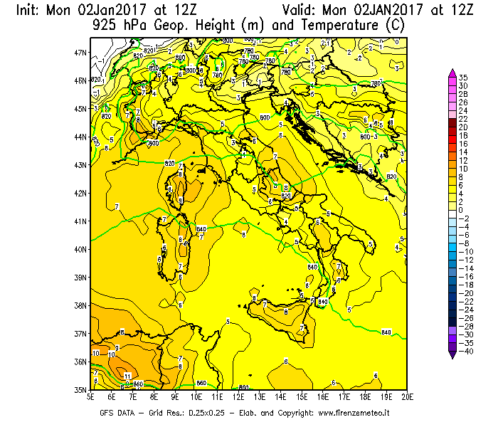 Mappa di analisi GFS - Geopotenziale [m] e Temperatura [°C] a 925 hPa in Italia
									del 02/01/2017 12 <!--googleoff: index-->UTC<!--googleon: index-->