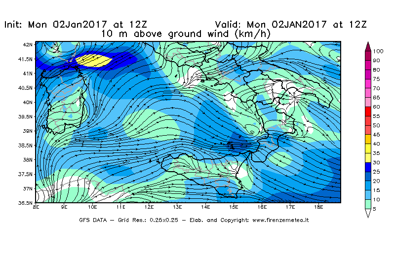 Mappa di analisi GFS - Velocità del vento a 10 metri dal suolo [km/h] in Sud-Italia
							del 02/01/2017 12 <!--googleoff: index-->UTC<!--googleon: index-->