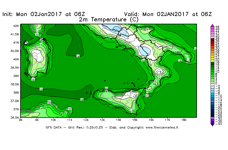 Mappa di analisi GFS - Temperatura a 2 metri dal suolo [°C] in Sud-Italia
									del 02/01/2017 06 <!--googleoff: index-->UTC<!--googleon: index-->