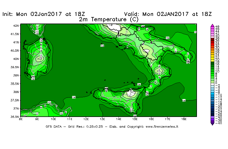 Mappa di analisi GFS - Temperatura a 2 metri dal suolo [°C] in Sud-Italia
									del 02/01/2017 18 <!--googleoff: index-->UTC<!--googleon: index-->