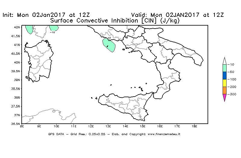 Mappa di analisi GFS - CIN [J/kg] in Sud-Italia
							del 02/01/2017 12 <!--googleoff: index-->UTC<!--googleon: index-->