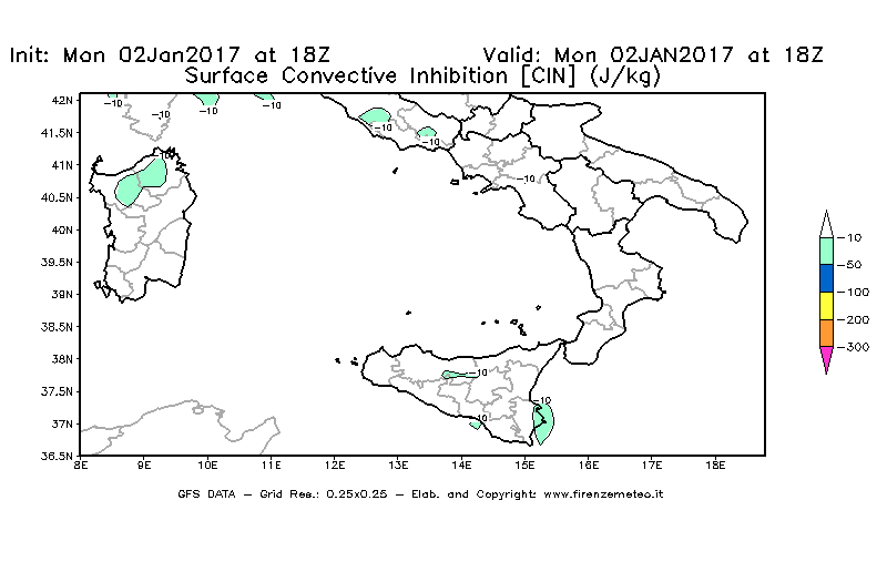 Mappa di analisi GFS - CIN [J/kg] in Sud-Italia
									del 02/01/2017 18 <!--googleoff: index-->UTC<!--googleon: index-->