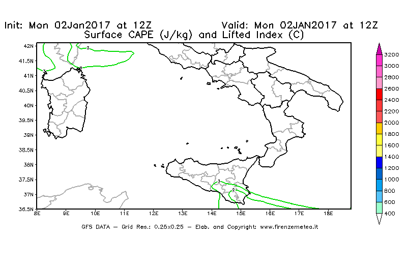 Mappa di analisi GFS - CAPE [J/kg] e Lifted Index [°C] in Sud-Italia
							del 02/01/2017 12 <!--googleoff: index-->UTC<!--googleon: index-->