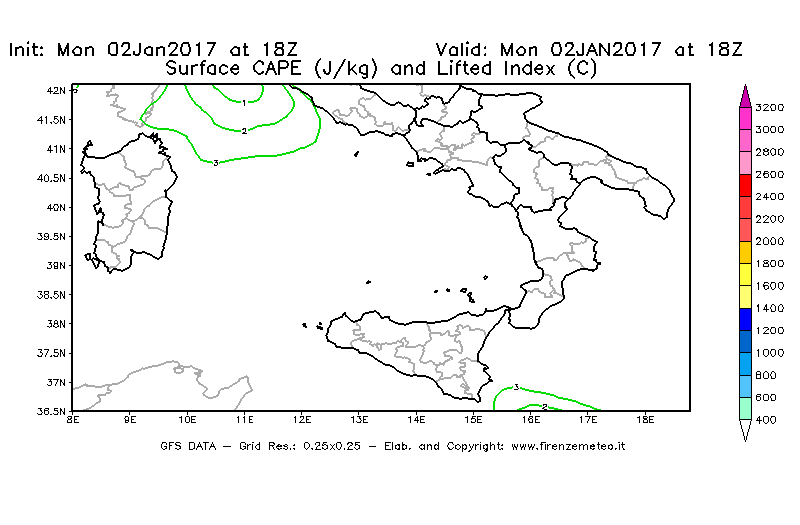 Mappa di analisi GFS - CAPE [J/kg] e Lifted Index [°C] in Sud-Italia
							del 02/01/2017 18 <!--googleoff: index-->UTC<!--googleon: index-->