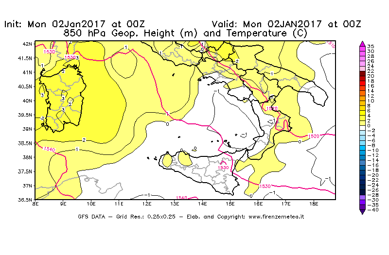 Mappa di analisi GFS - Geopotenziale [m] e Temperatura [°C] a 850 hPa in Sud-Italia
							del 02/01/2017 00 <!--googleoff: index-->UTC<!--googleon: index-->