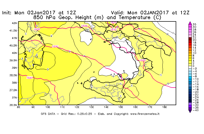 Mappa di analisi GFS - Geopotenziale [m] e Temperatura [°C] a 850 hPa in Sud-Italia
							del 02/01/2017 12 <!--googleoff: index-->UTC<!--googleon: index-->