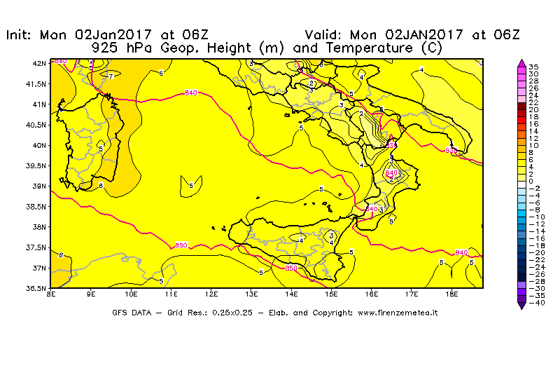 Mappa di analisi GFS - Geopotenziale [m] e Temperatura [°C] a 925 hPa in Sud-Italia
							del 02/01/2017 06 <!--googleoff: index-->UTC<!--googleon: index-->