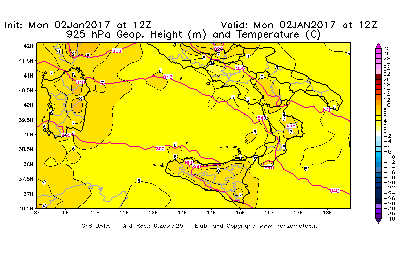 Mappa di analisi GFS - Geopotenziale [m] e Temperatura [°C] a 925 hPa in Sud-Italia
									del 02/01/2017 12 <!--googleoff: index-->UTC<!--googleon: index-->