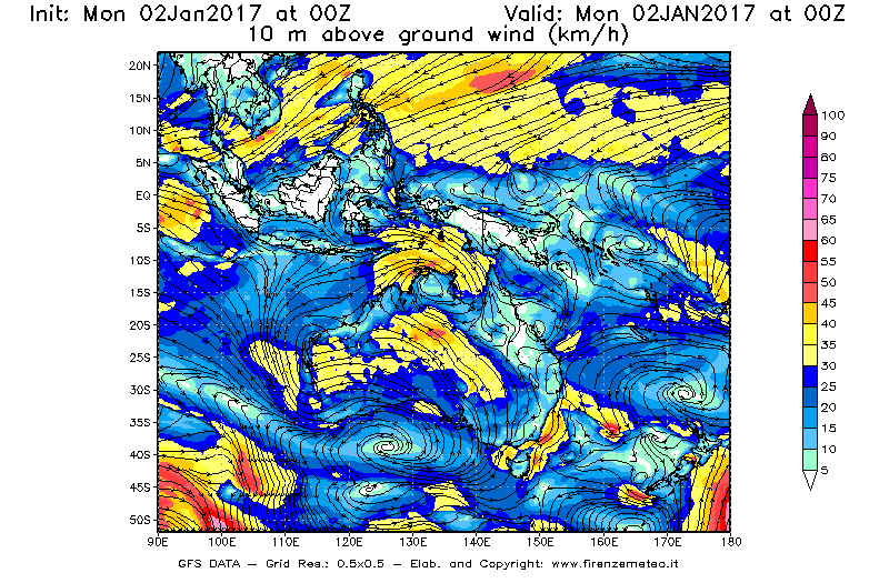 Mappa di analisi GFS - Velocità del vento a 10 metri dal suolo [km/h] in Oceania
							del 02/01/2017 00 <!--googleoff: index-->UTC<!--googleon: index-->