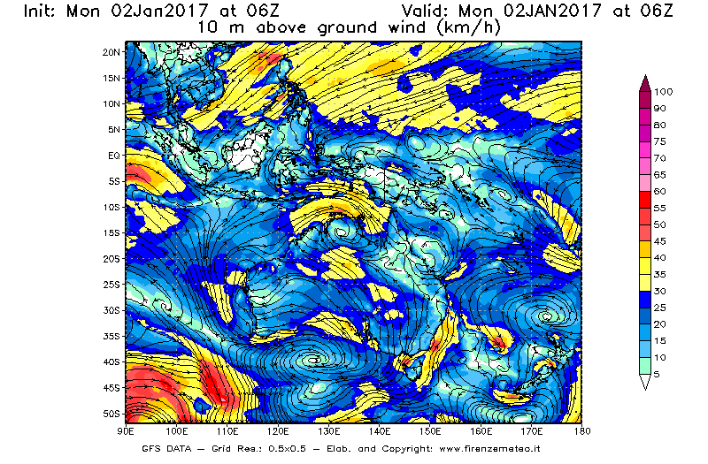 Mappa di analisi GFS - Velocità del vento a 10 metri dal suolo [km/h] in Oceania
									del 02/01/2017 06 <!--googleoff: index-->UTC<!--googleon: index-->