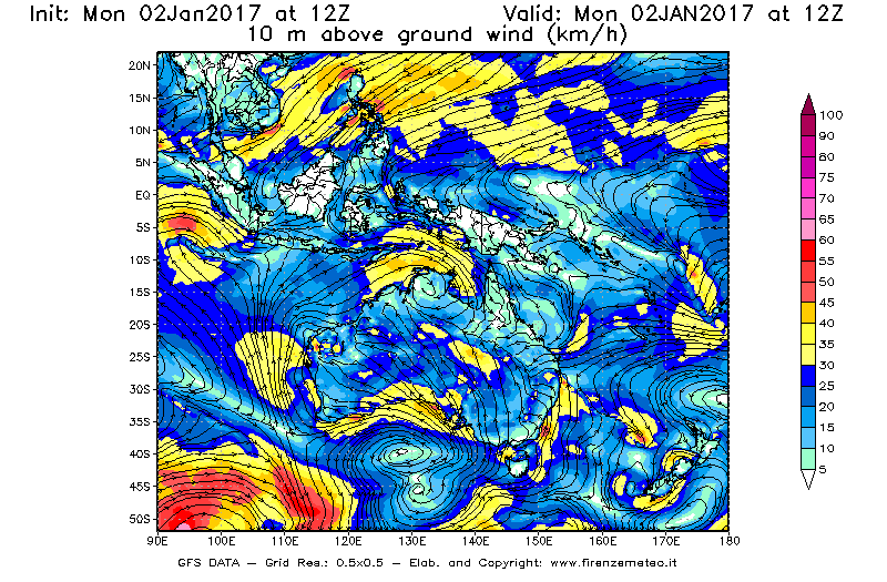 Mappa di analisi GFS - Velocità del vento a 10 metri dal suolo [km/h] in Oceania
									del 02/01/2017 12 <!--googleoff: index-->UTC<!--googleon: index-->