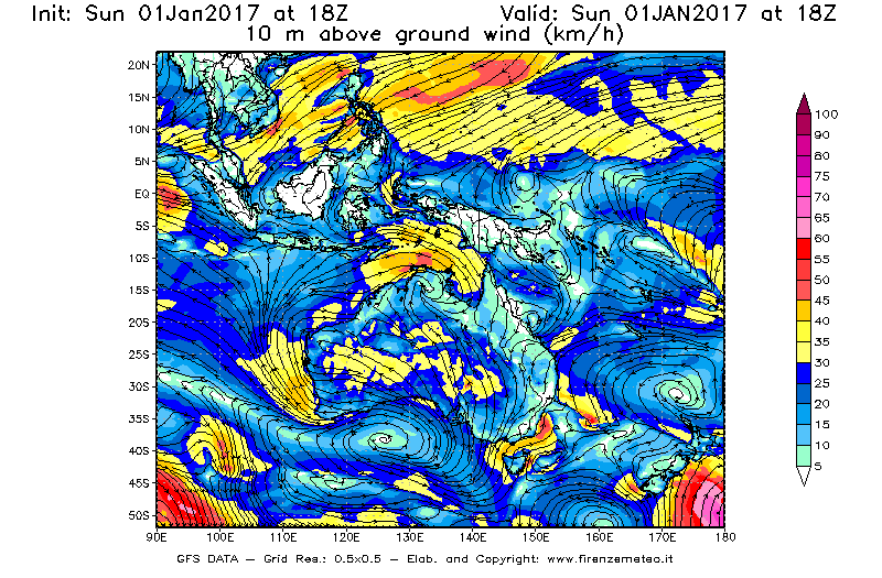 Mappa di analisi GFS - Velocità del vento a 10 metri dal suolo [km/h] in Oceania
							del 02/01/2017 18 <!--googleoff: index-->UTC<!--googleon: index-->