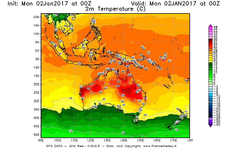 Mappa di analisi GFS - Temperatura a 2 metri dal suolo [°C] in Oceania
							del 02/01/2017 00 <!--googleoff: index-->UTC<!--googleon: index-->