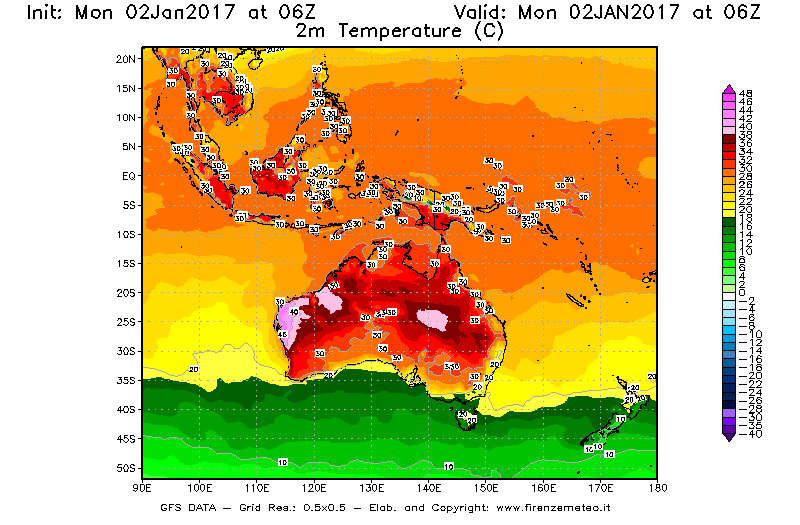 Mappa di analisi GFS - Temperatura a 2 metri dal suolo [°C] in Oceania
									del 02/01/2017 06 <!--googleoff: index-->UTC<!--googleon: index-->