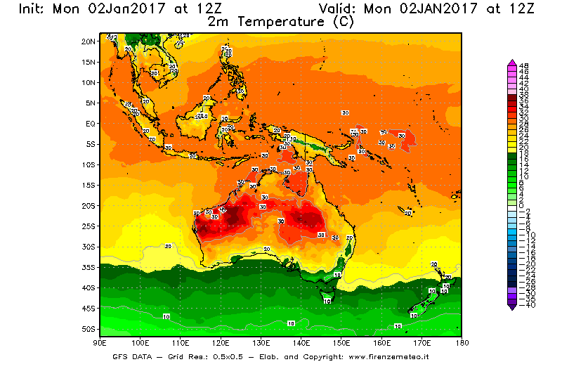 Mappa di analisi GFS - Temperatura a 2 metri dal suolo [°C] in Oceania
									del 02/01/2017 12 <!--googleoff: index-->UTC<!--googleon: index-->