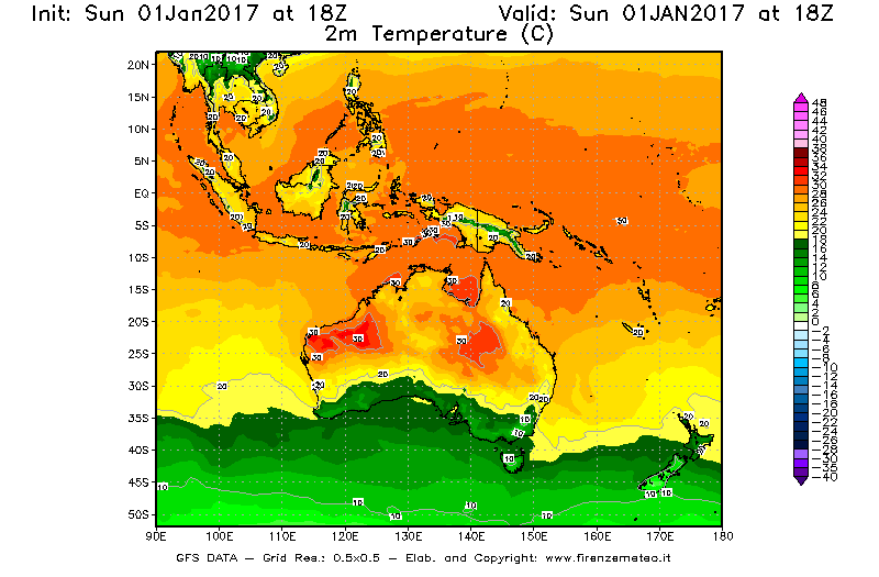 Mappa di analisi GFS - Temperatura a 2 metri dal suolo [°C] in Oceania
							del 02/01/2017 18 <!--googleoff: index-->UTC<!--googleon: index-->