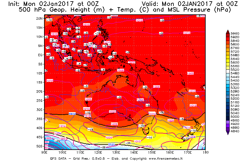 Mappa di analisi GFS - Geopotenziale [m] + Temp. [°C] a 500 hPa + Press. a livello del mare [hPa] in Oceania
									del 02/01/2017 00 <!--googleoff: index-->UTC<!--googleon: index-->