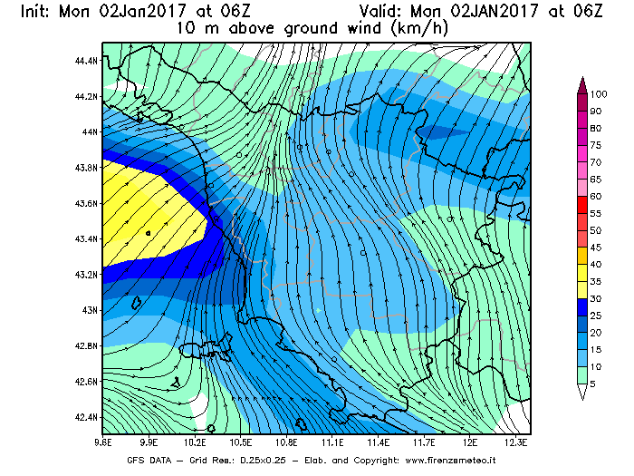 Mappa di analisi GFS - Velocità del vento a 10 metri dal suolo [km/h] in Toscana
							del 02/01/2017 06 <!--googleoff: index-->UTC<!--googleon: index-->