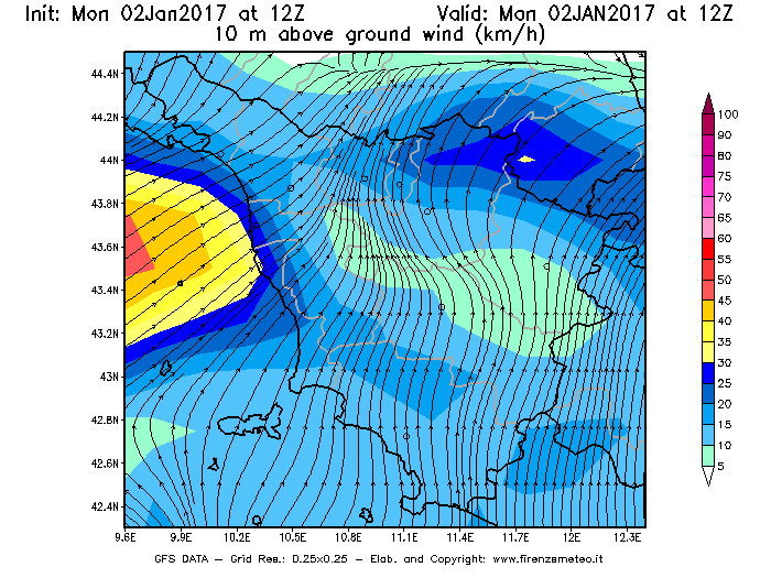 Mappa di analisi GFS - Velocità del vento a 10 metri dal suolo [km/h] in Toscana
									del 02/01/2017 12 <!--googleoff: index-->UTC<!--googleon: index-->