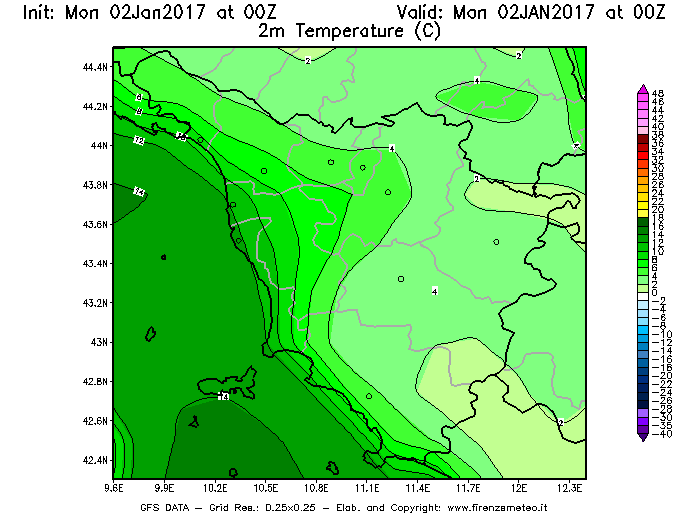 Mappa di analisi GFS - Temperatura a 2 metri dal suolo [°C] in Toscana
									del 02/01/2017 00 <!--googleoff: index-->UTC<!--googleon: index-->