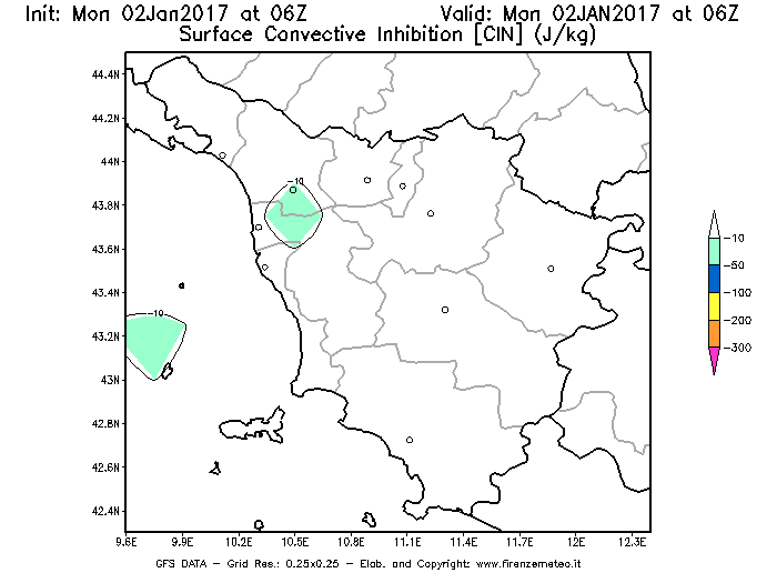 Mappa di analisi GFS - CIN [J/kg] in Toscana
							del 02/01/2017 06 <!--googleoff: index-->UTC<!--googleon: index-->