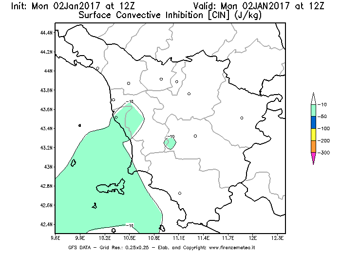 Mappa di analisi GFS - CIN [J/kg] in Toscana
									del 02/01/2017 12 <!--googleoff: index-->UTC<!--googleon: index-->