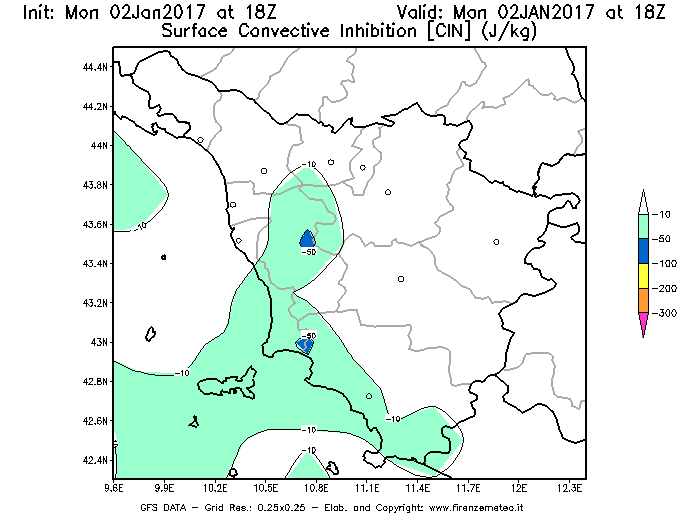 Mappa di analisi GFS - CIN [J/kg] in Toscana
									del 02/01/2017 18 <!--googleoff: index-->UTC<!--googleon: index-->