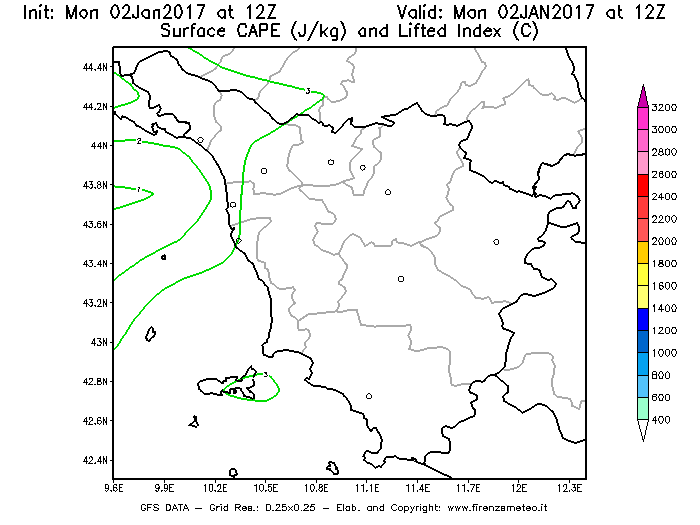 Mappa di analisi GFS - CAPE [J/kg] e Lifted Index [°C] in Toscana
									del 02/01/2017 12 <!--googleoff: index-->UTC<!--googleon: index-->