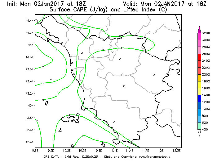 Mappa di analisi GFS - CAPE [J/kg] e Lifted Index [°C] in Toscana
							del 02/01/2017 18 <!--googleoff: index-->UTC<!--googleon: index-->