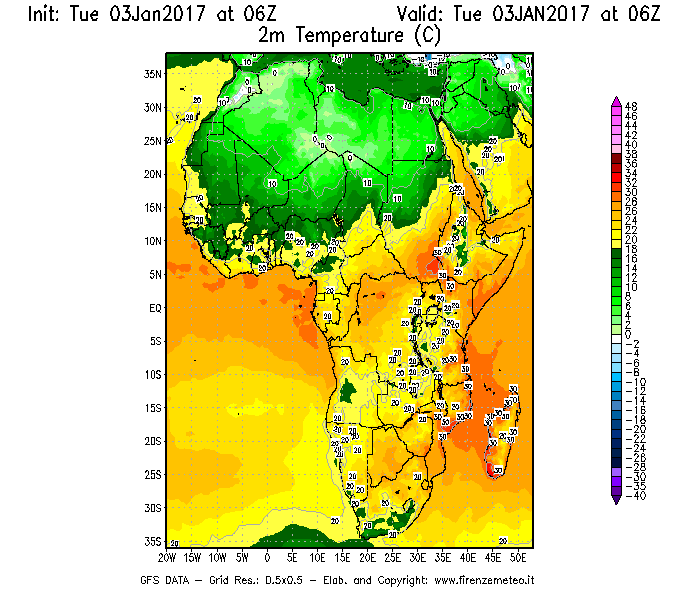 Mappa di analisi GFS - Temperatura a 2 metri dal suolo [°C] in Africa
							del 03/01/2017 06 <!--googleoff: index-->UTC<!--googleon: index-->