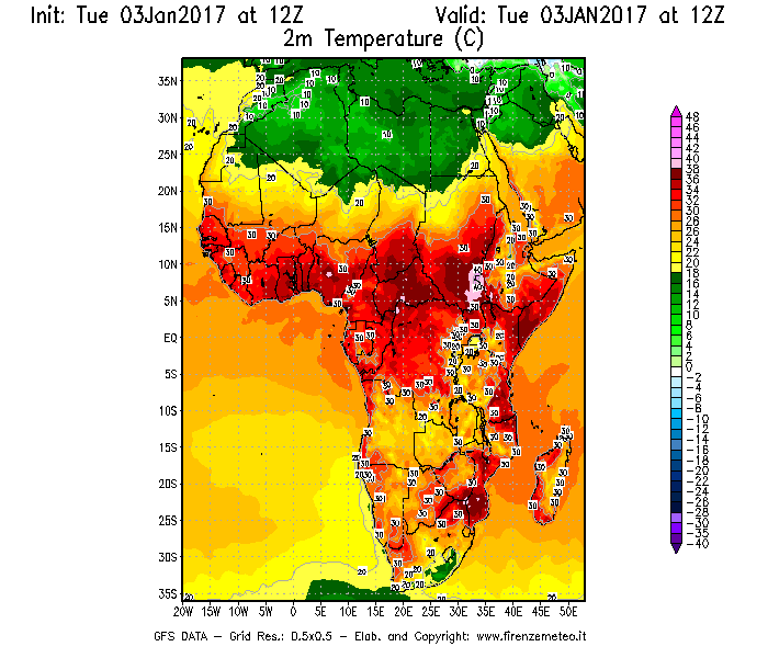 Mappa di analisi GFS - Temperatura a 2 metri dal suolo [°C] in Africa
									del 03/01/2017 12 <!--googleoff: index-->UTC<!--googleon: index-->