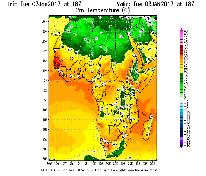 Mappa di analisi GFS - Temperatura a 2 metri dal suolo [°C] in Africa
							del 03/01/2017 18 <!--googleoff: index-->UTC<!--googleon: index-->