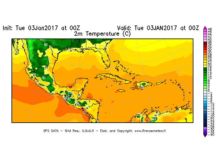 Mappa di analisi GFS - Temperatura a 2 metri dal suolo [°C] in Centro-America
							del 03/01/2017 00 <!--googleoff: index-->UTC<!--googleon: index-->