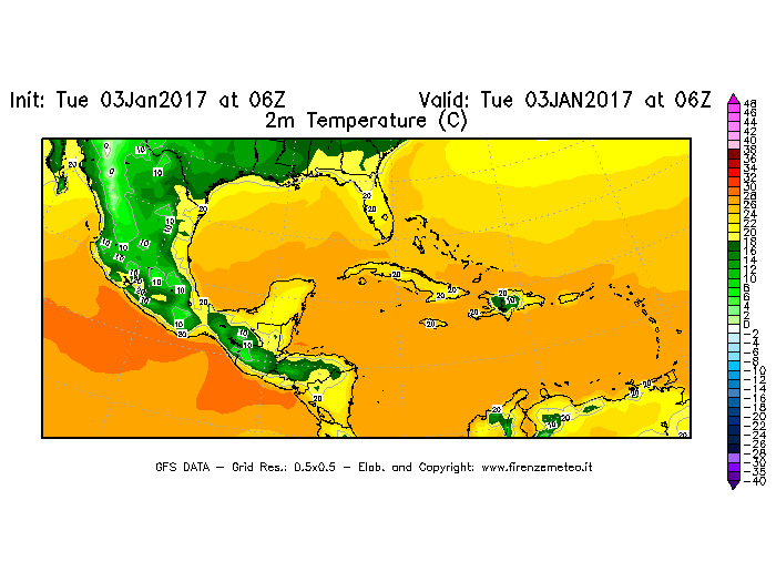 Mappa di analisi GFS - Temperatura a 2 metri dal suolo [°C] in Centro-America
							del 03/01/2017 06 <!--googleoff: index-->UTC<!--googleon: index-->