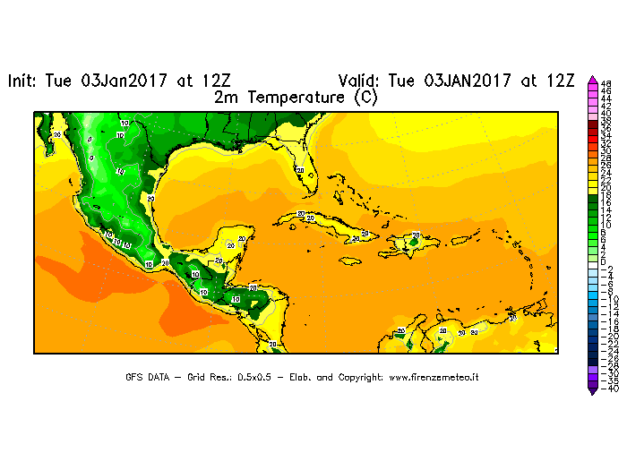 Mappa di analisi GFS - Temperatura a 2 metri dal suolo [°C] in Centro-America
							del 03/01/2017 12 <!--googleoff: index-->UTC<!--googleon: index-->